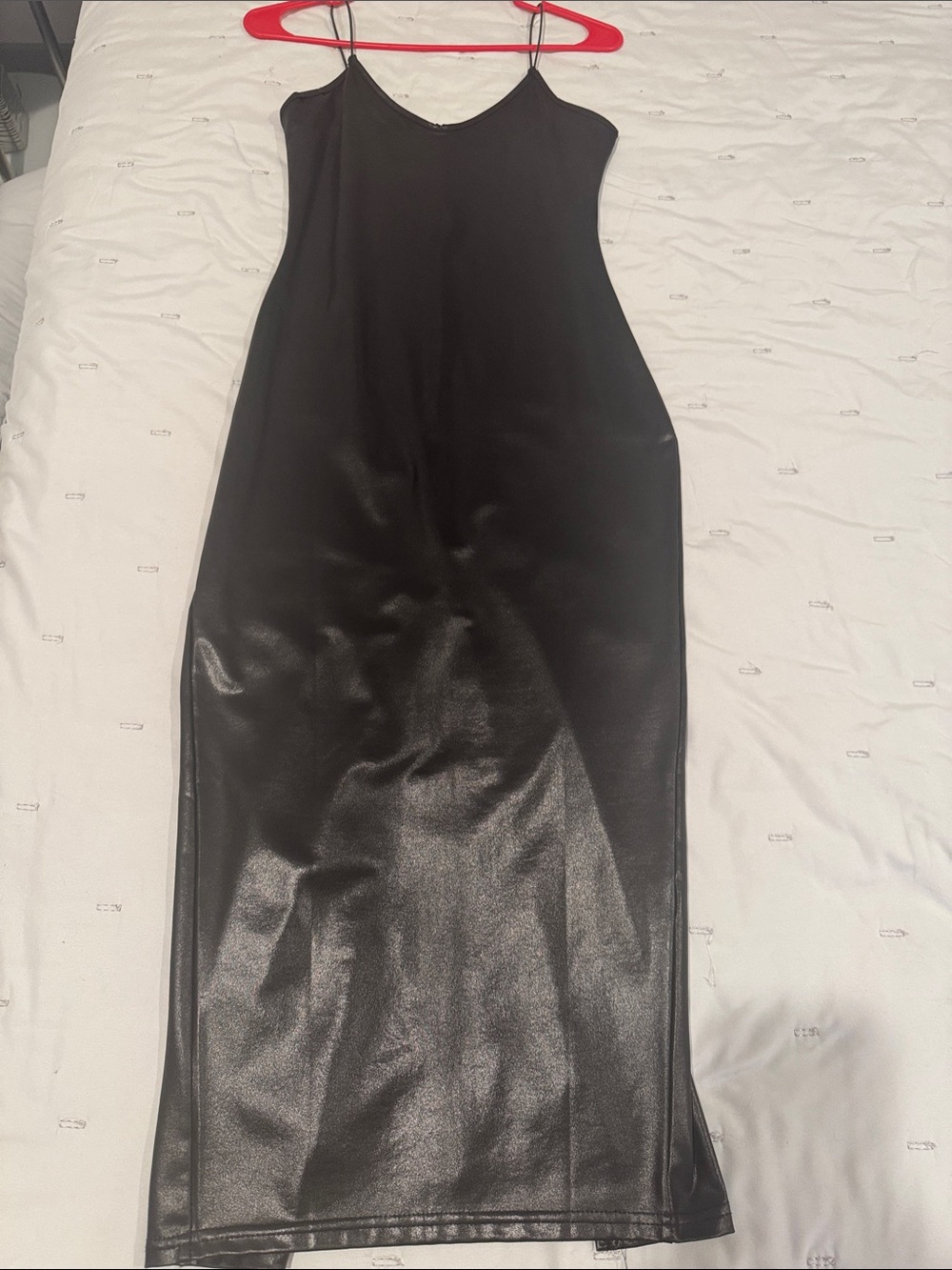 Black Slip Midi Dress - Sleek Faux Shiny Leather Finish